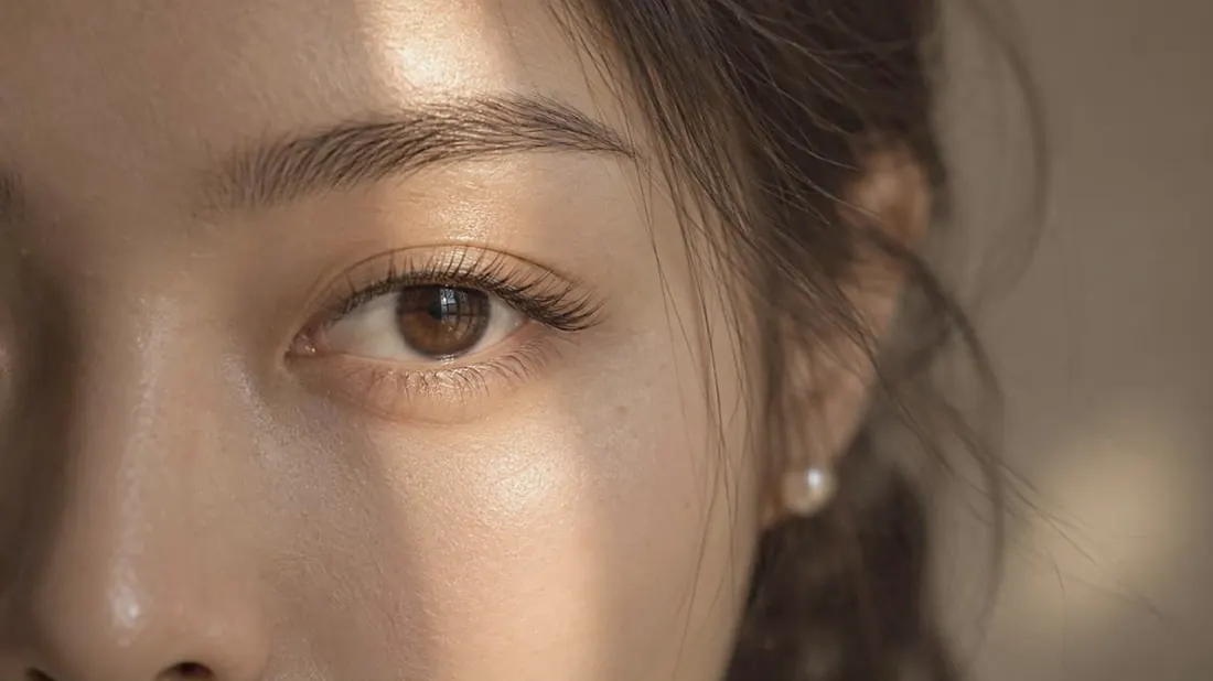Close-up of an eye with natural lashes in warm afternoon light