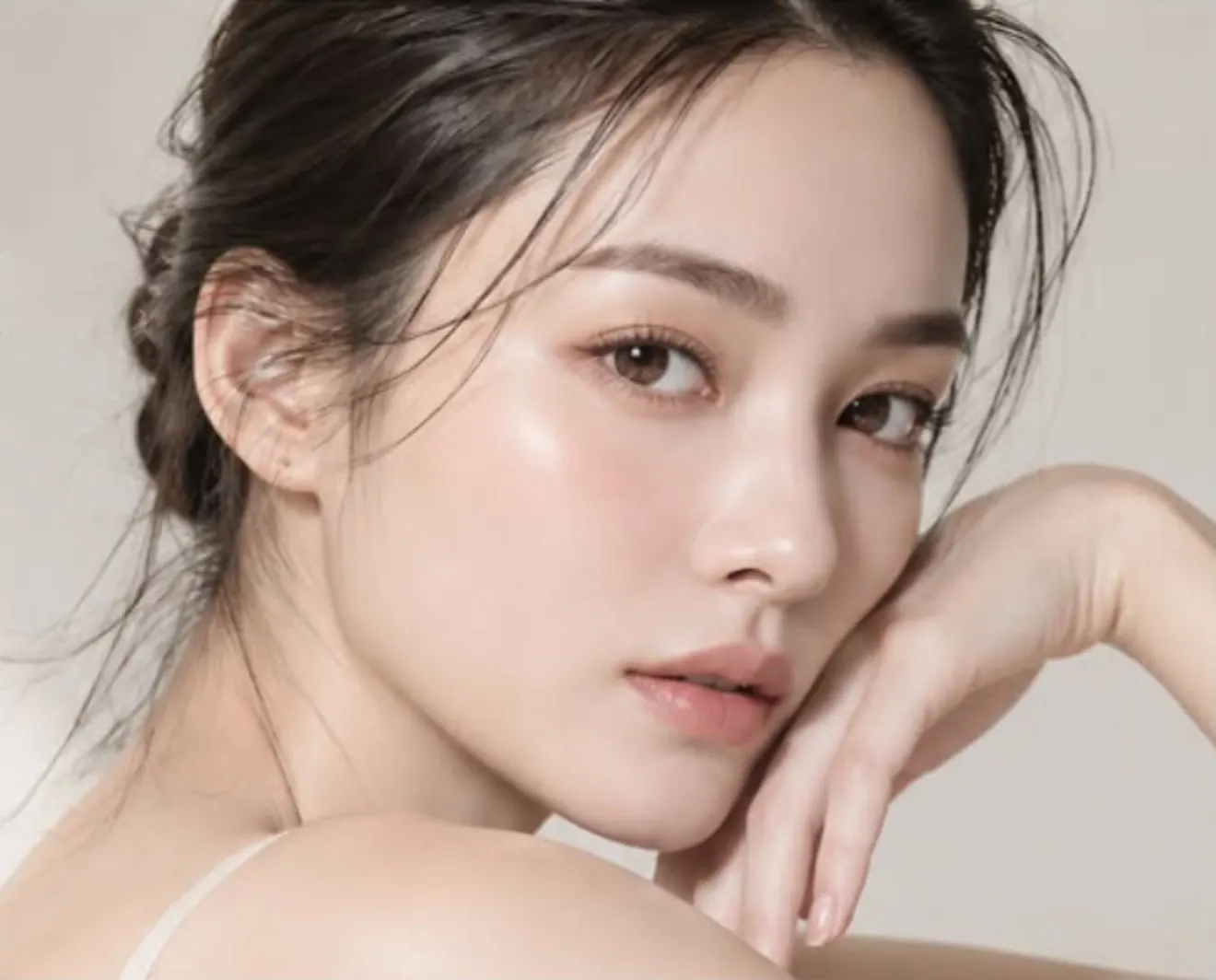 Portrait of a woman with softly defined brows and glowing skin